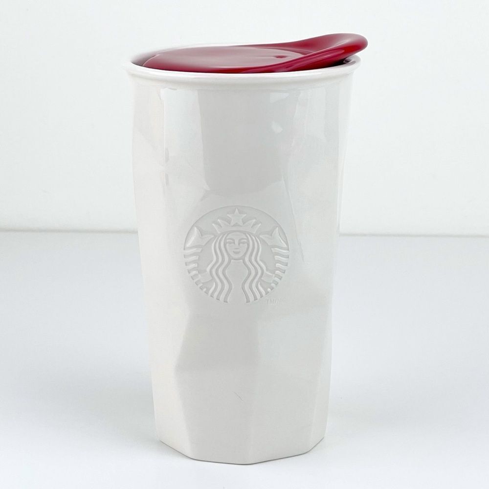 Starbucks Double Wall Faceted White Chiseled Ceramic Tumbler 10oz Red Lid